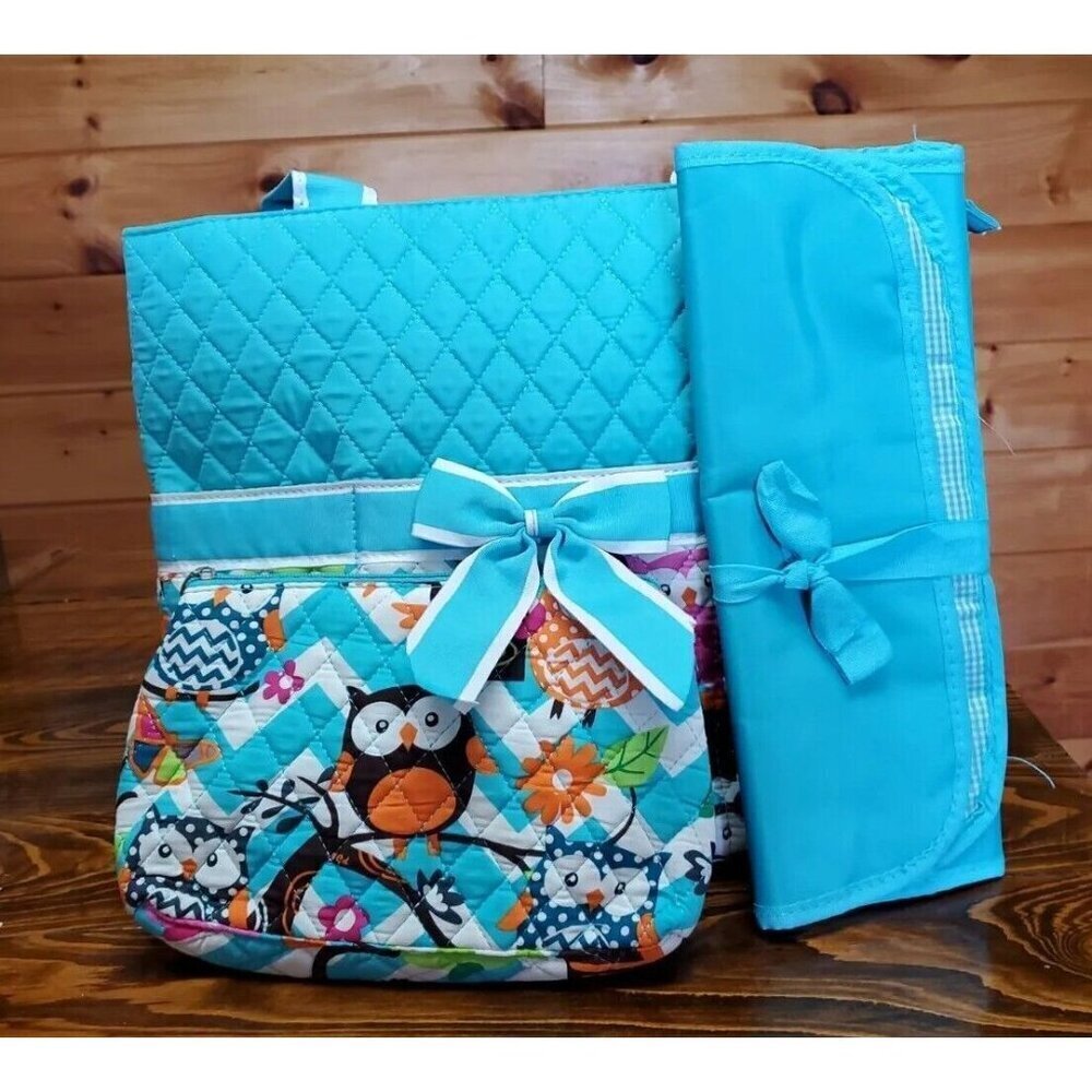 Chevron Aqua Owl Diaper Bag with Changing Pad and Accessory Bag.